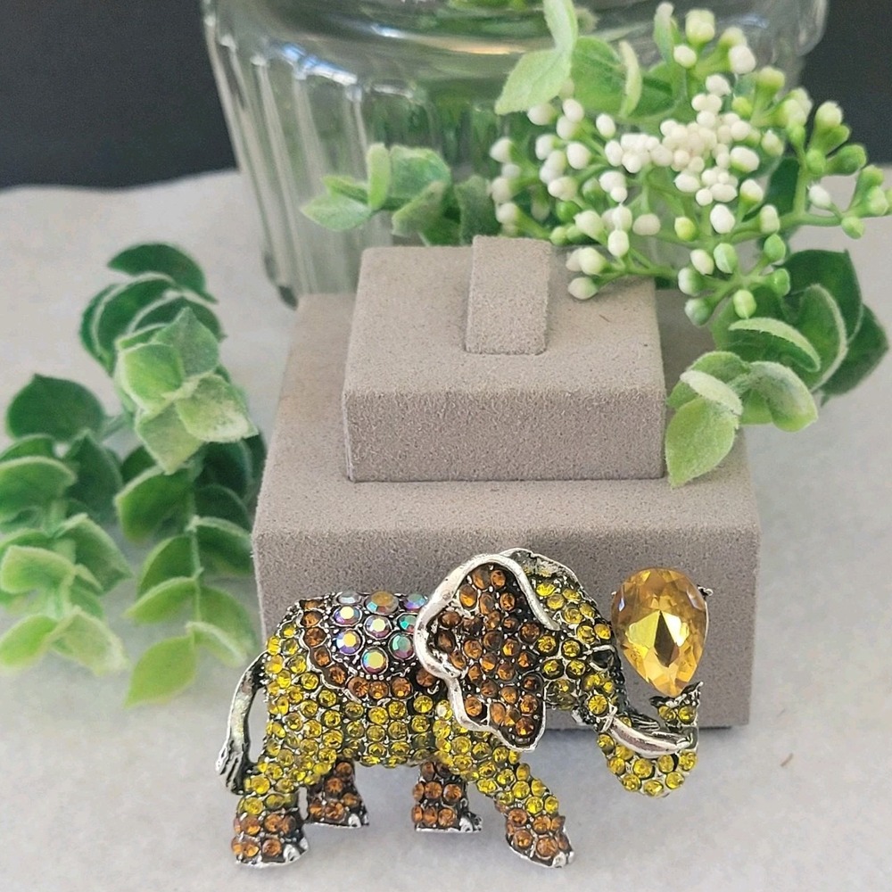 Rhinestone Elephant Brooch Amber Yellow Silver Tone Statement Pin 2 Inch